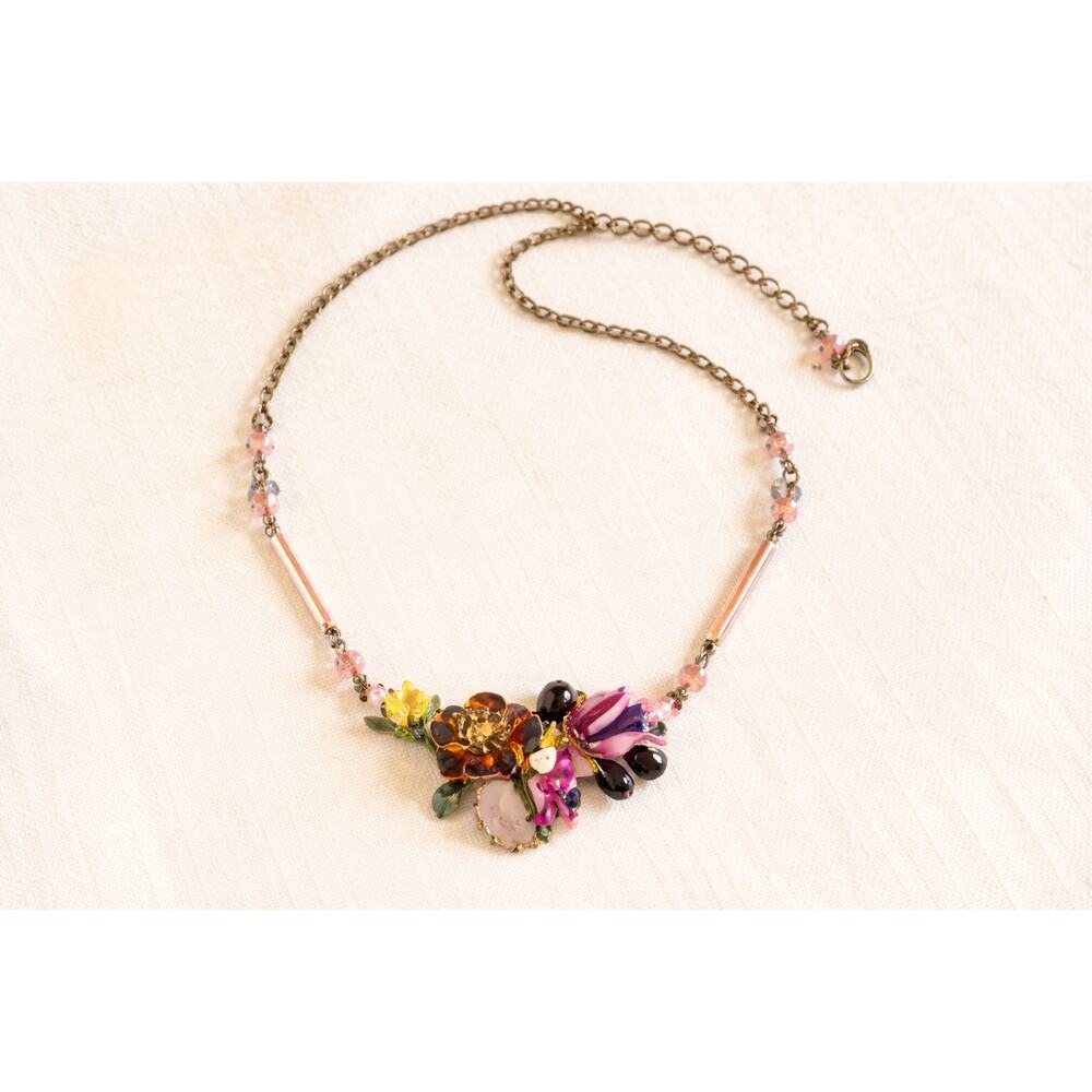 Les Nereides Paris Enamel Floral Necklace Hand Painted French Designer 19"